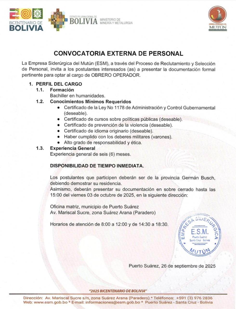 CONVOCATORIA OBRERO OPERADOR  - Empresa Siderúrgica del Mutún