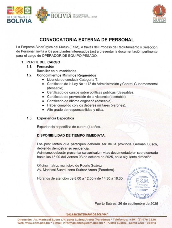 CONVOCATORIA OPERADOR DE EQUIPO PESADO  - Empresa Siderúrgica del Mutún