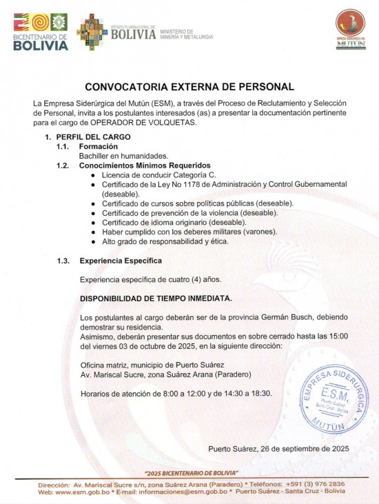 CONVOCATORIA OPERADOR DE VOLQUETAS  - Empresa Siderúrgica del Mutún
