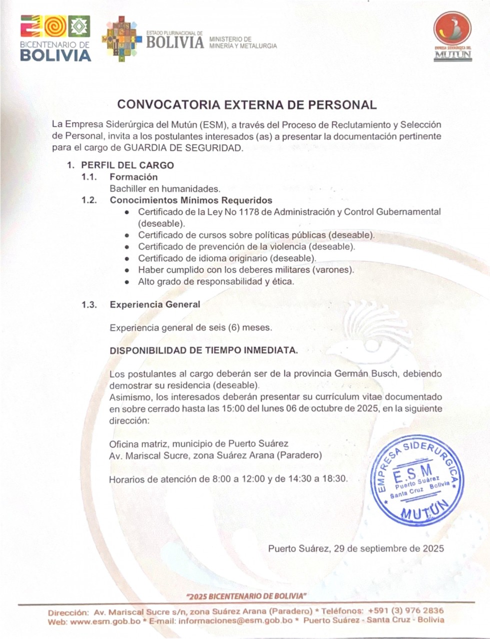 CONVOCATORIA GUARDIA DE SEGURIDAD  - Empresa Siderúrgica del Mutún
