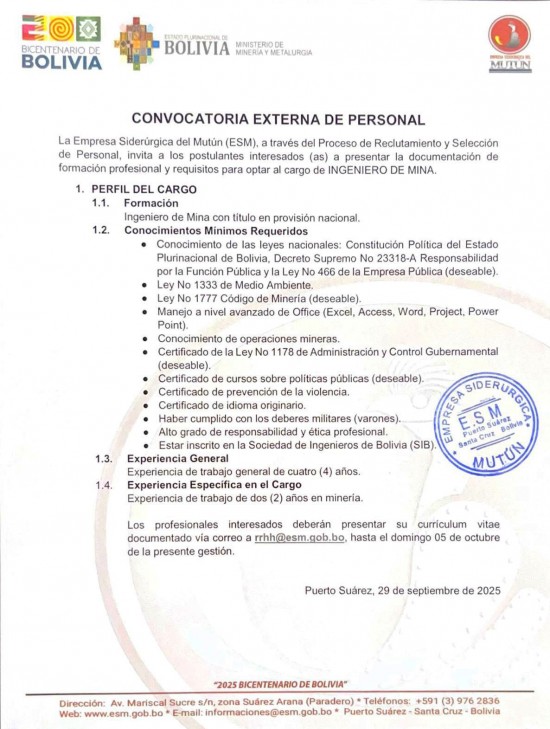 CONVOCATORIA INGENIERO DE MINA  - Empresa Siderúrgica del Mutún