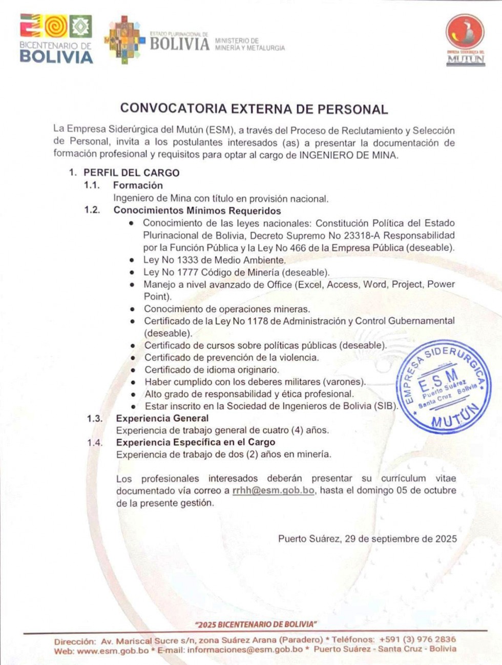 CONVOCATORIA INGENIERO DE MINA  - Empresa Siderúrgica del Mutún
