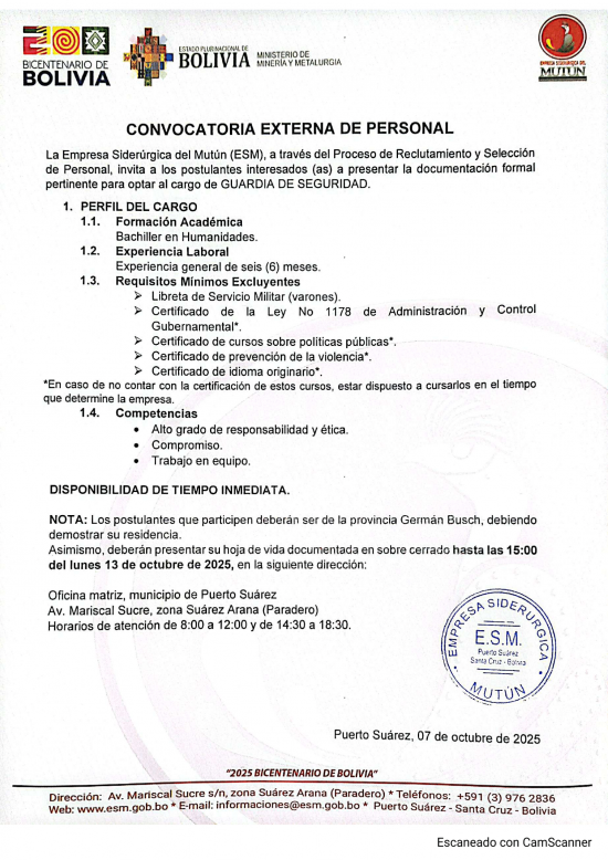 CONVOCATORIA GUARDIA DE SEGURIDAD  - Empresa Siderúrgica del Mutún