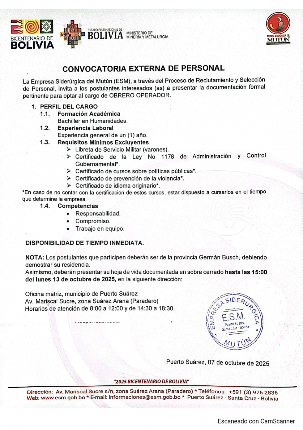 CONVOCATORIA OBRERO OPERADOR  - Empresa Siderúrgica del Mutún