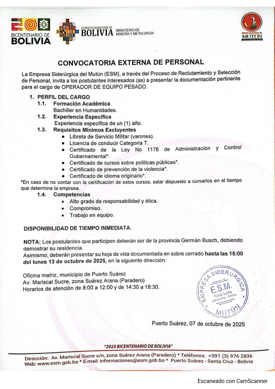 CONVOCATORIA OPERADOR DE EQUIPO PESADO  - Empresa Siderúrgica del Mutún