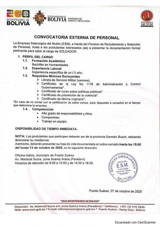 CONVOCATORIA DE SOLDADOR  - Empresa Siderúrgica del Mutún
