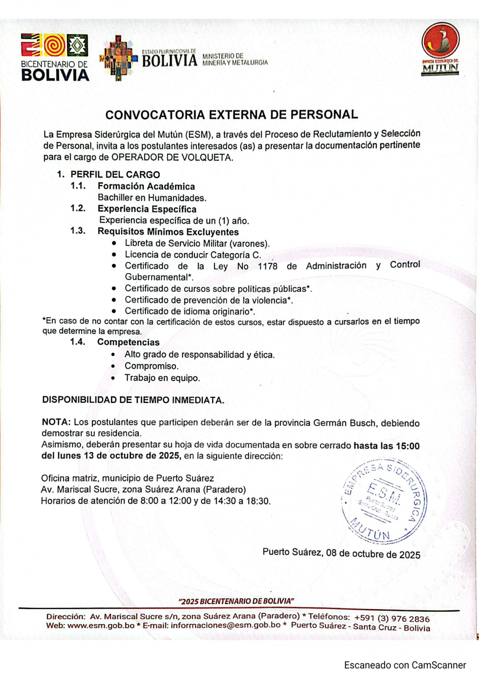 CONVOCATORIA OPERADOR DE VOLQUETA  - Empresa Siderúrgica del Mutún