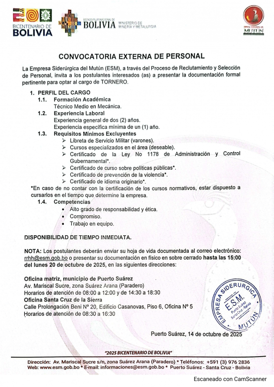 CONVOCATORIA TORNERO  - Empresa Siderúrgica del Mutún