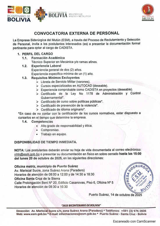 CONVOCATORIA CADISTA  - Empresa Siderúrgica del Mutún