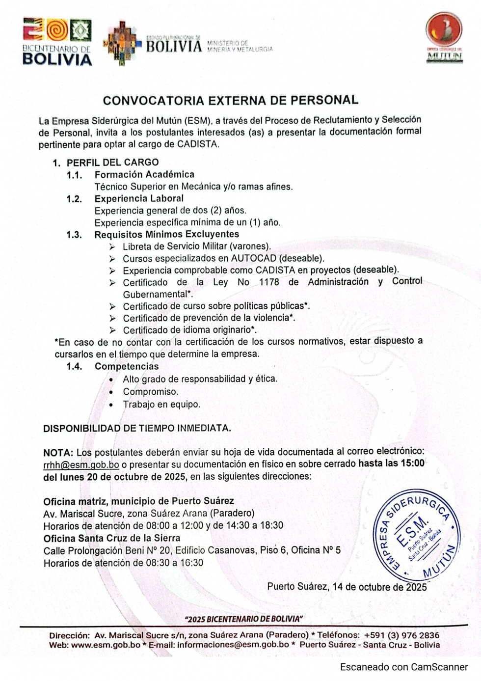 CONVOCATORIA CADISTA  - Empresa Siderúrgica del Mutún
