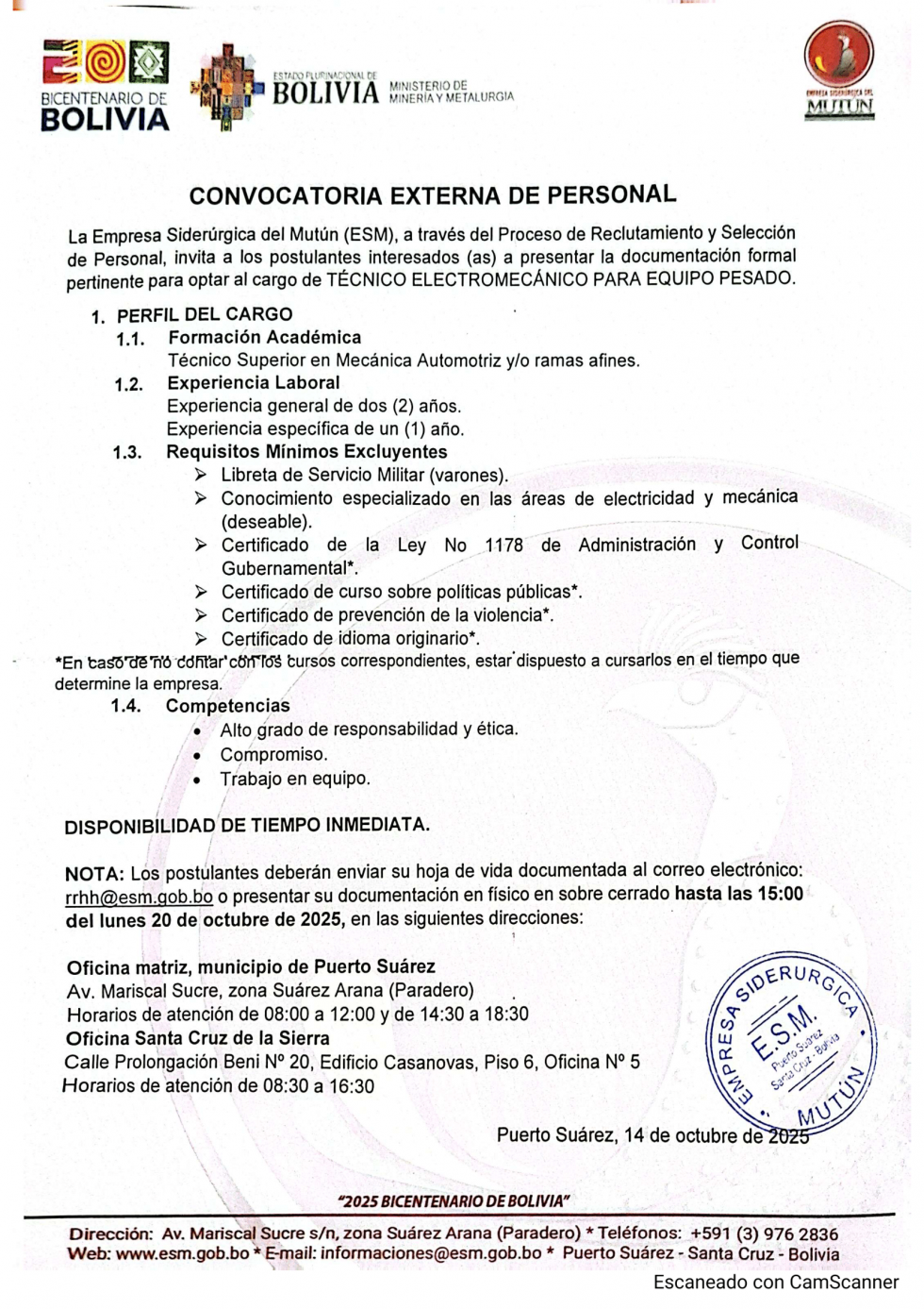 CONVOCATORIA TÉCNICO ELECTROMECÁNICO EQUIPO PESADO   - Empresa Siderúrgica del Mutún