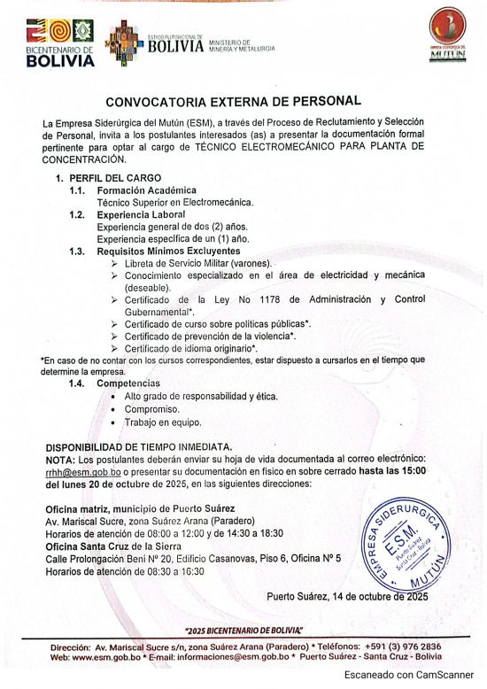 CONVOCATORIA TÉCNICO ELECTROMECÁNICO PLANTA DE CONCENTRACIÓN  - Empresa Siderúrgica del Mutún
