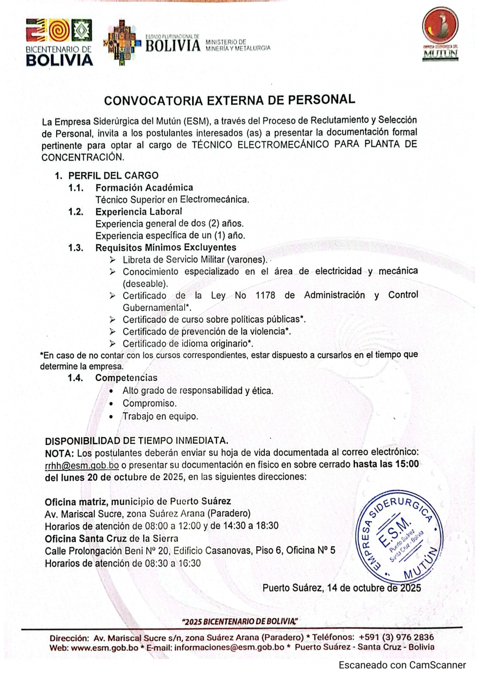 CONVOCATORIA TÉCNICO ELECTROMECÁNICO PLANTA DE CONCENTRACIÓN  - Empresa Siderúrgica del Mutún
