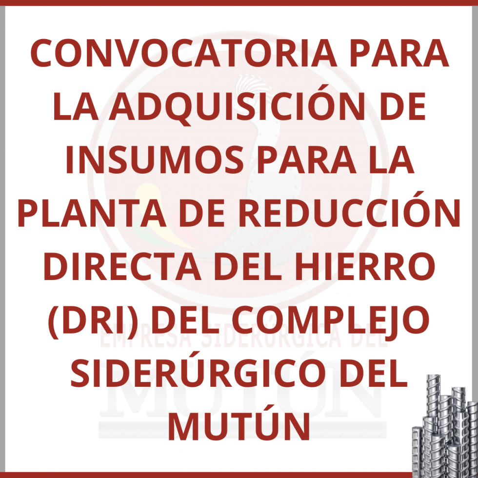 CONVOCATORIA PARA  LA ADQUISICIÓN DE INSUMOS PARA LA PLANTA DE REDUCCIÓN DIRECTA DEL HIERRO (DRI) DEL COMPLEJO SIDERÚRGICO DEL MUTÚN  - Empresa Siderúrgica del Mutún