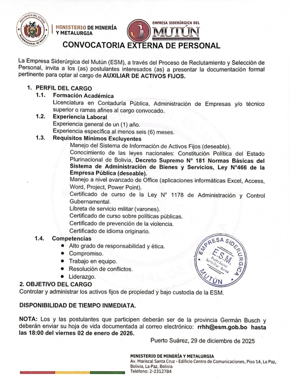 CONVOCATORIA AUXILIAR DE ACTIVOS FIJOS  - Empresa Siderúrgica del Mutún