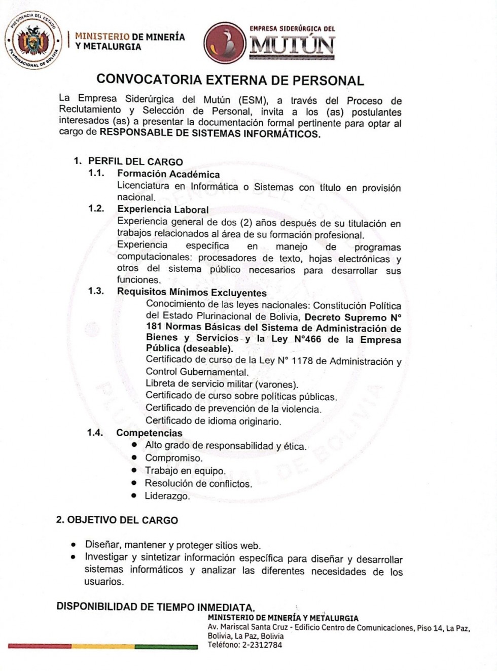 CONVOCATORIA RESPONSABLE DE SISTEMAS INFORMÁTICOS   - Empresa Siderúrgica del Mutún