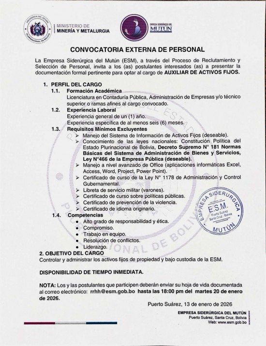 CONVOCATORIA AUXILIAR DE ACTIVOS FIJOS  - Empresa Siderúrgica del Mutún