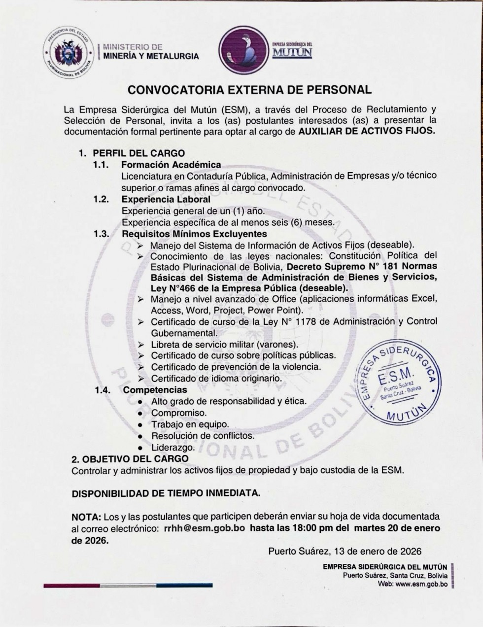 CONVOCATORIA AUXILIAR DE ACTIVOS FIJOS  - Empresa Siderúrgica del Mutún