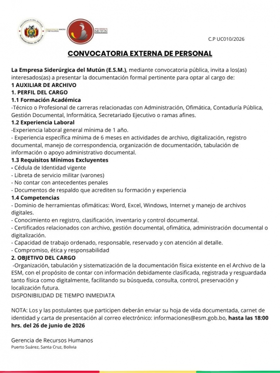 CONVOCATORIA AUXILIAR DE ARCHIVO  - Empresa Siderúrgica del Mutún
