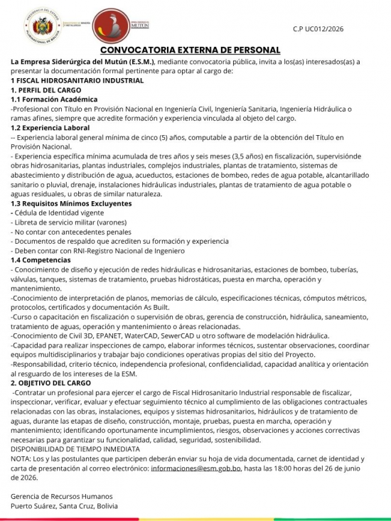 CONVOCATORIA FISCAL HIDROSANITARIO INDUSTRIAL  - Empresa Siderúrgica del Mutún