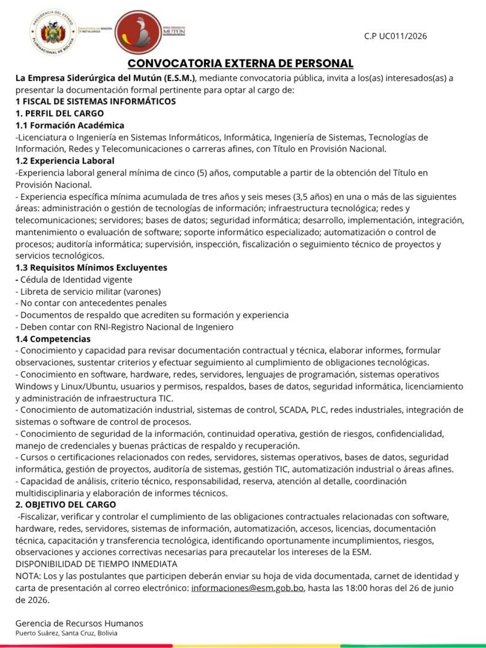CONVOCATORIA FISCAL SISTEMAS INFORMATICOS  - Empresa Siderúrgica del Mutún