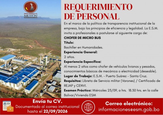 CONVOCATORIA EXTERNA DE PERSONAL (CHOFER DE MICRO BUS)  - Empresa Siderúrgica del Mutún