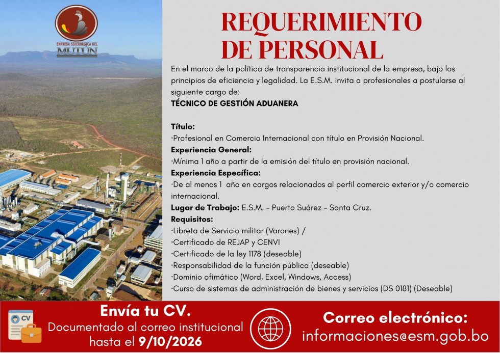 TÉCNICO DE GESTIÓN ADUANERA  ESM 039/2026  - Empresa Siderúrgica del Mutún