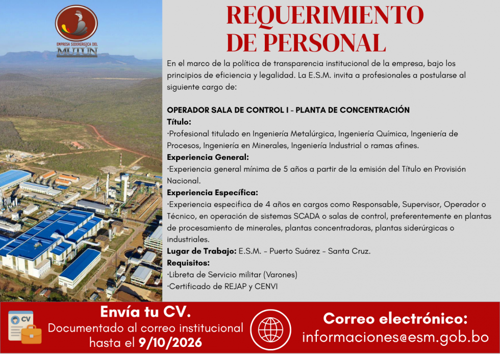 OPERADOR DE SALA DE CONTROL-PLANTA DE CONCENTRACIÓN ESM 040/2026  - Empresa Siderúrgica del Mutún