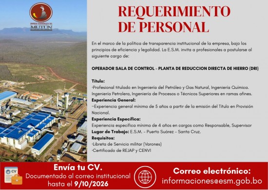 OPERADOR DE SALA DE CONTROL-PLANTA DRI ESM042/2026  - Empresa Siderúrgica del Mutún