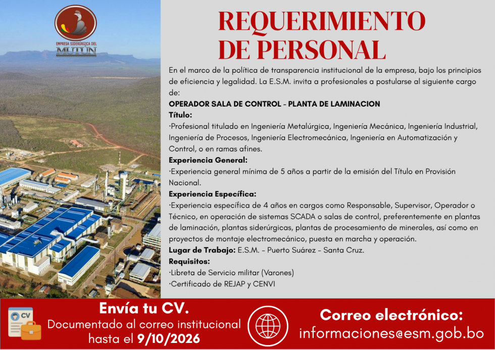OPERADOR DE SALA DE CONTROL-PLANTA DE LAMINACIÓN ESM 044/2026  - Empresa Siderúrgica del Mutún