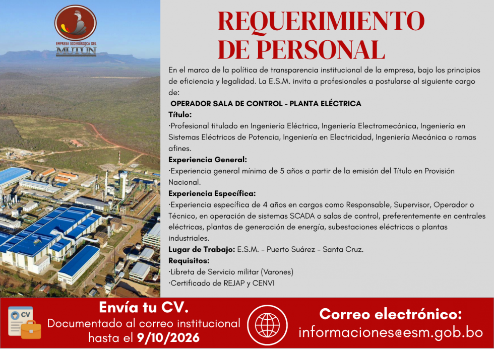 OPERADOR DE SALA DE CONTROL-PLANTA ELÉCTRICA ESM045/2026  - Empresa Siderúrgica del Mutún