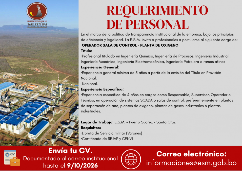 OPERADOR DE SALA DE CONTROL-PLANTA DE OXIGENO ESM046/2026  - Empresa Siderúrgica del Mutún