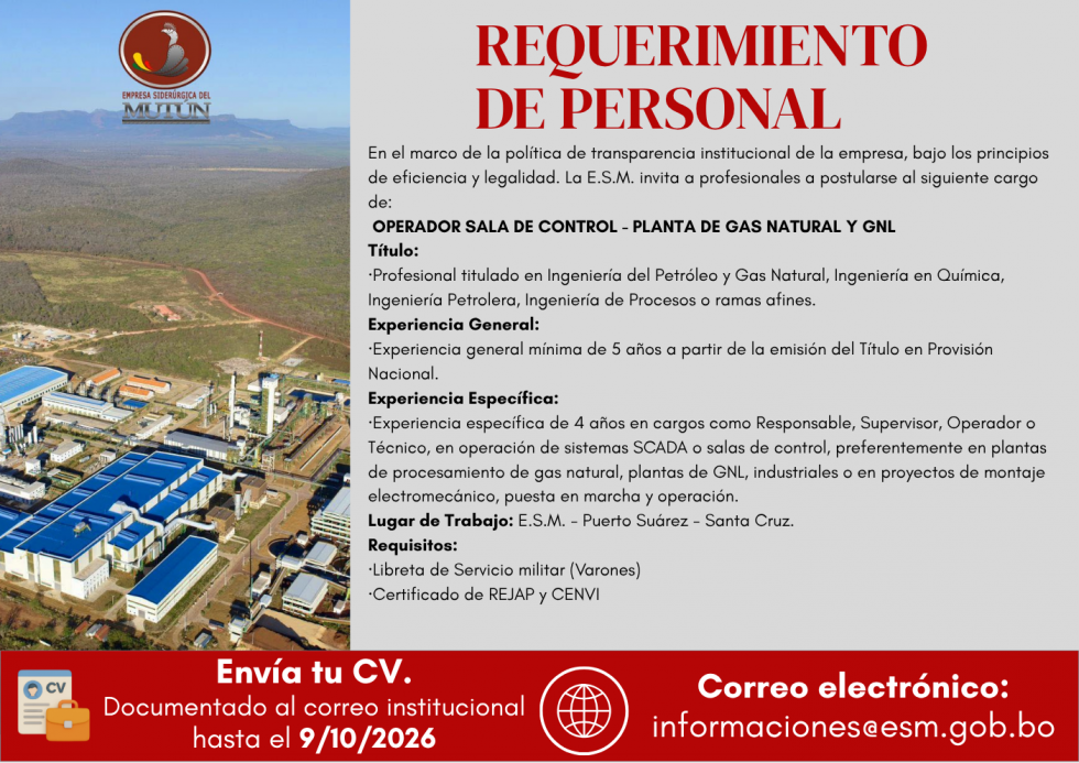 OPERADOR DE SALA DE CONTROL-GAS NATURAL Y GNL ESM047/2026  - Empresa Siderúrgica del Mutún