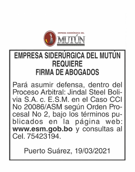 REQUERIMIENTO: Empresa Siderúrgica del Mutún requiere firma de abogados  - Empresa Siderúrgica del Mutún