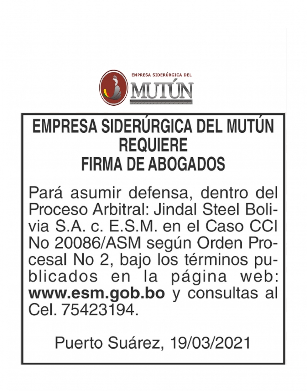 REQUERIMIENTO: Empresa Siderúrgica del Mutún requiere firma de abogados  - Empresa Siderúrgica del Mutún