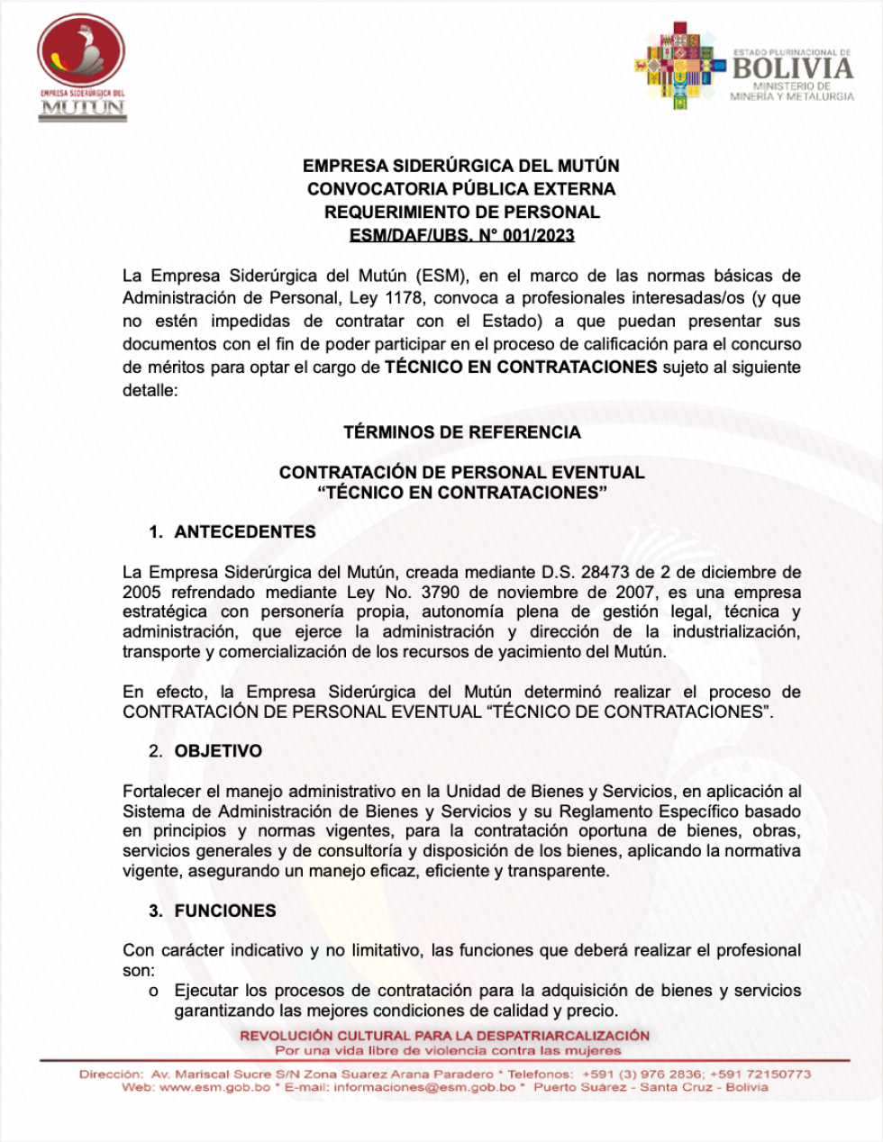 CONVOCATORIA PARA TÉCNICO EN CONTRATACIONES  - Empresa Siderúrgica del Mutún