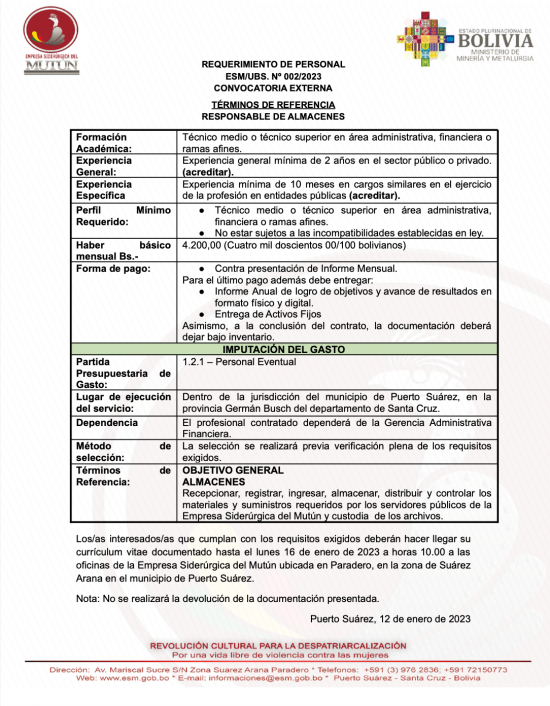 CONVOCATORIA A RESPONSABLE DE ALMACENES   - Empresa Siderúrgica del Mutún