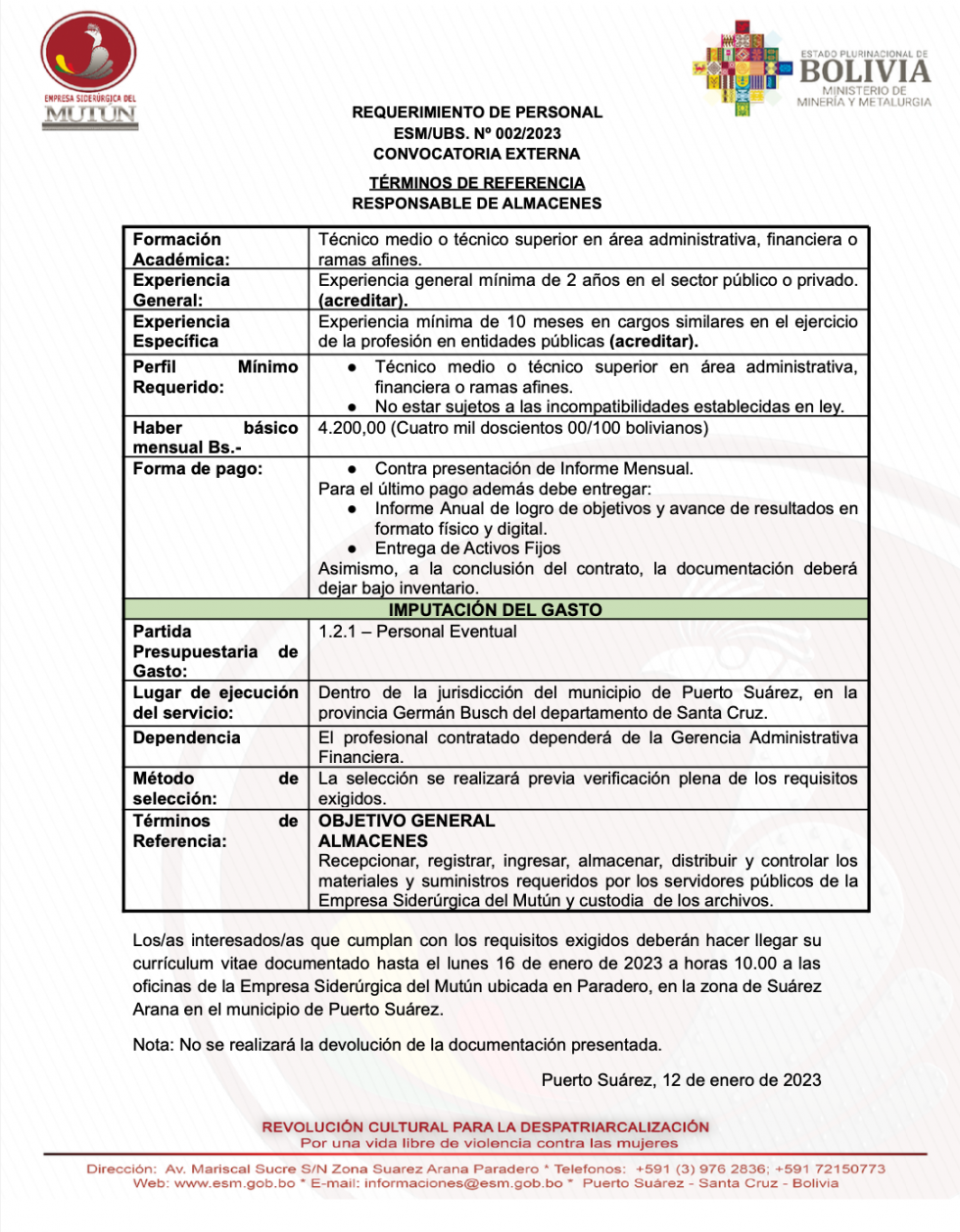 CONVOCATORIA A RESPONSABLE DE ALMACENES   - Empresa Siderúrgica del Mutún