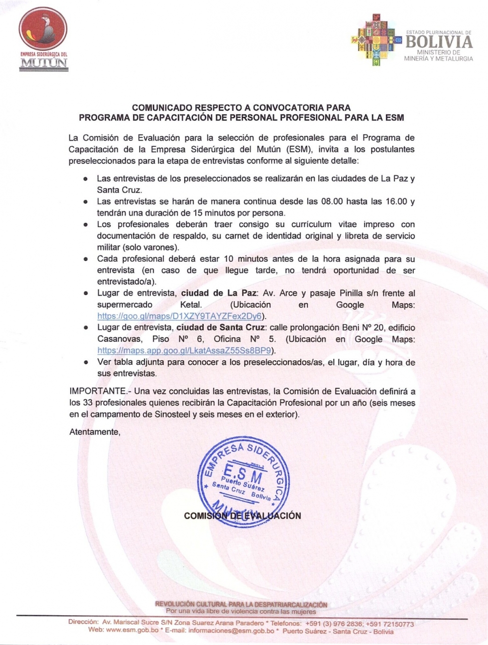 COMUNICADO RESPECTO A CONVOCATORIA PARA PROGRAMA DE CAPACITACIÓN DE PERSONAL PROFESIONAL PARA LA ESM  - Empresa Siderúrgica del Mutún