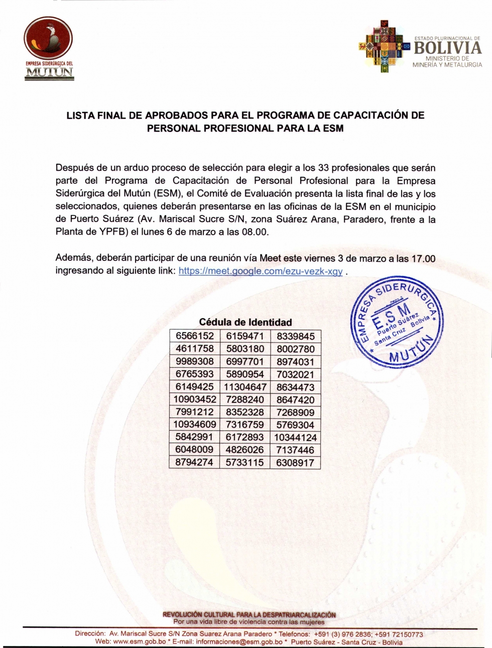 LISTA DE 33 PROFESIONALES SELECCIONADOS PARA PROGRAMA DE CAPACITACIÓN PROFESIONAL  - Empresa Siderúrgica del Mutún