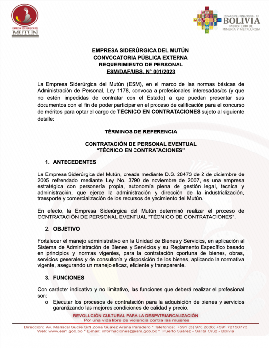 CONVOCATORIA PARA TÉCNICO EN CONTRATACIONES
