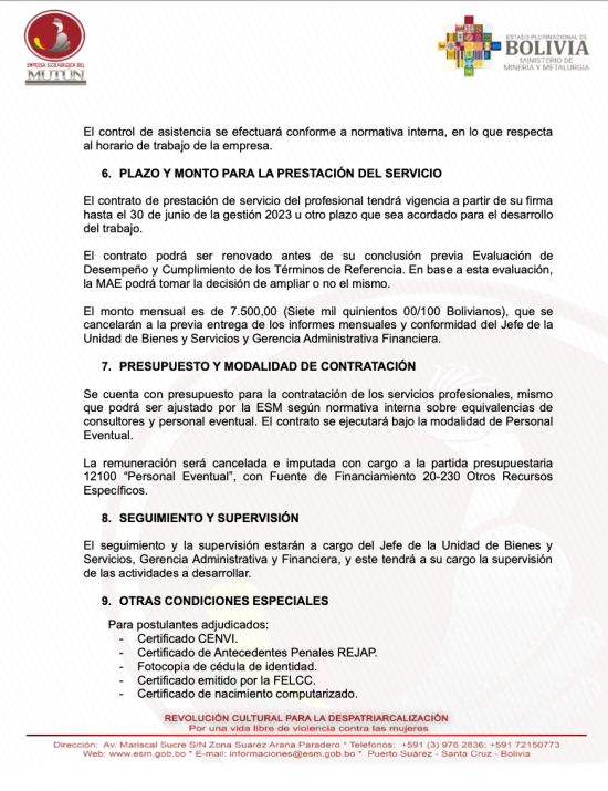 CONVOCATORIA PARA TÉCNICO EN CONTRATACIONES