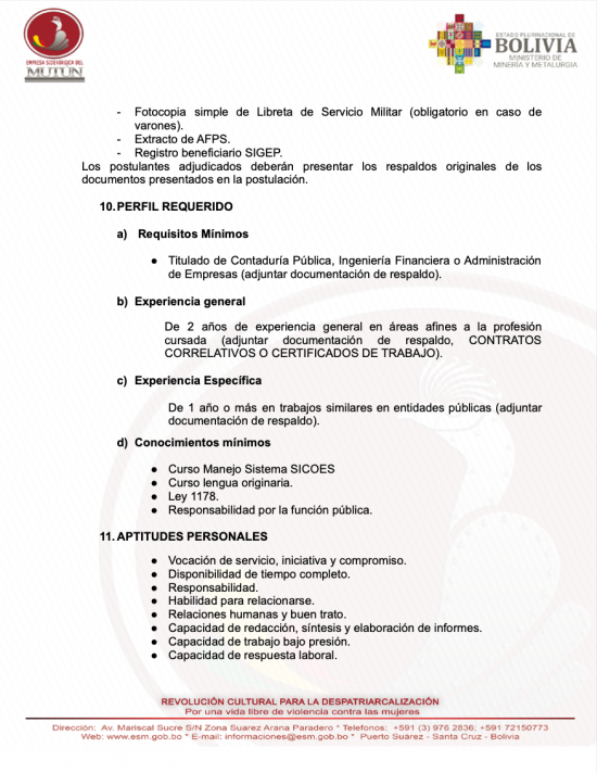 CONVOCATORIA PARA TÉCNICO EN CONTRATACIONES