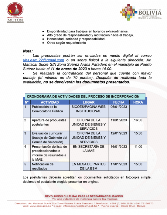 CONVOCATORIA PARA TÉCNICO EN CONTRATACIONES