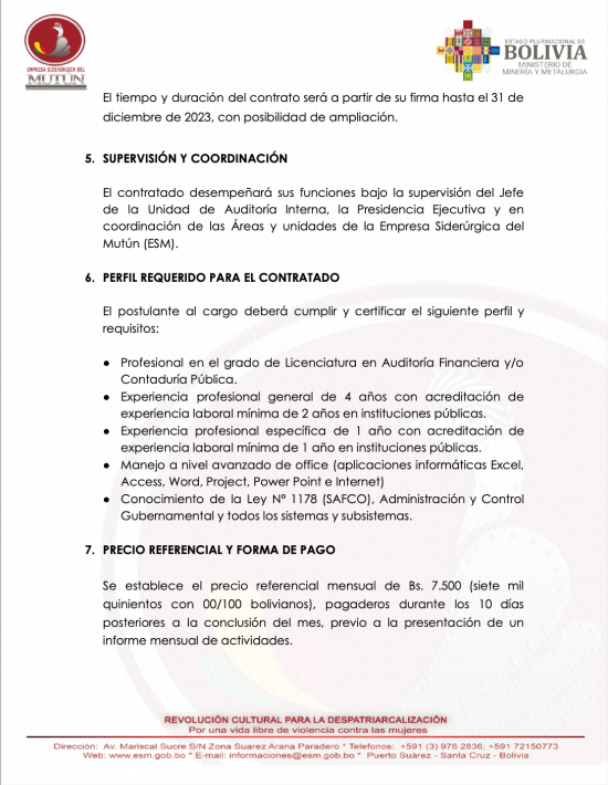 CONVOCATORIA AL CARGO DE AUDITOR 