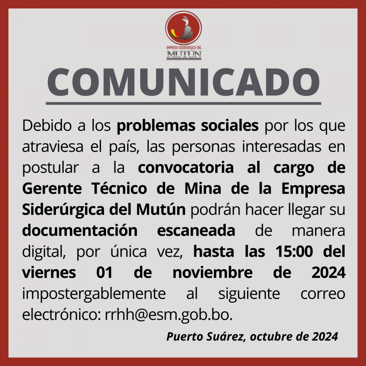 COMUNICADO  - Empresa Siderúrgica del Mutún