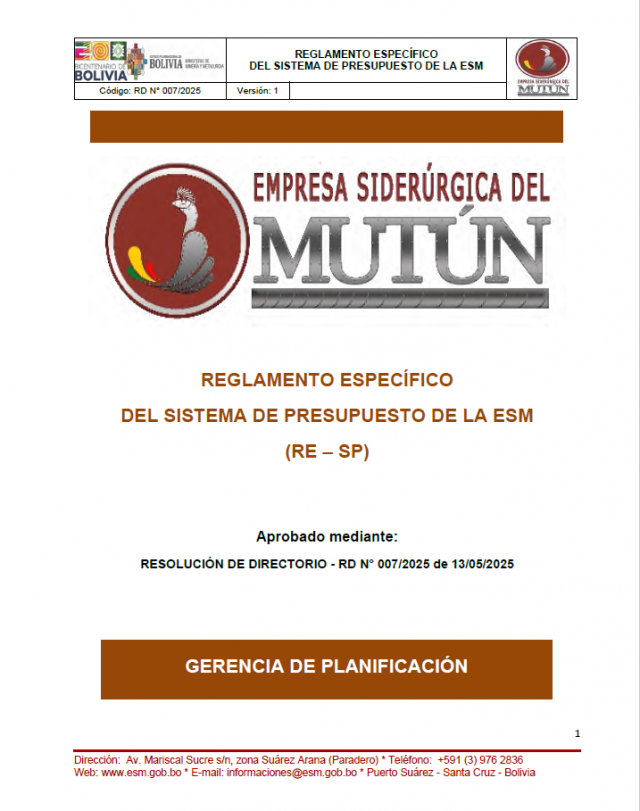 REGLAMENTO ESPECÍFICO DEL SISTEMA DE PRESUPUESTO DE LA ESM (RE – SP)  - Empresa Siderúrgica del Mutún