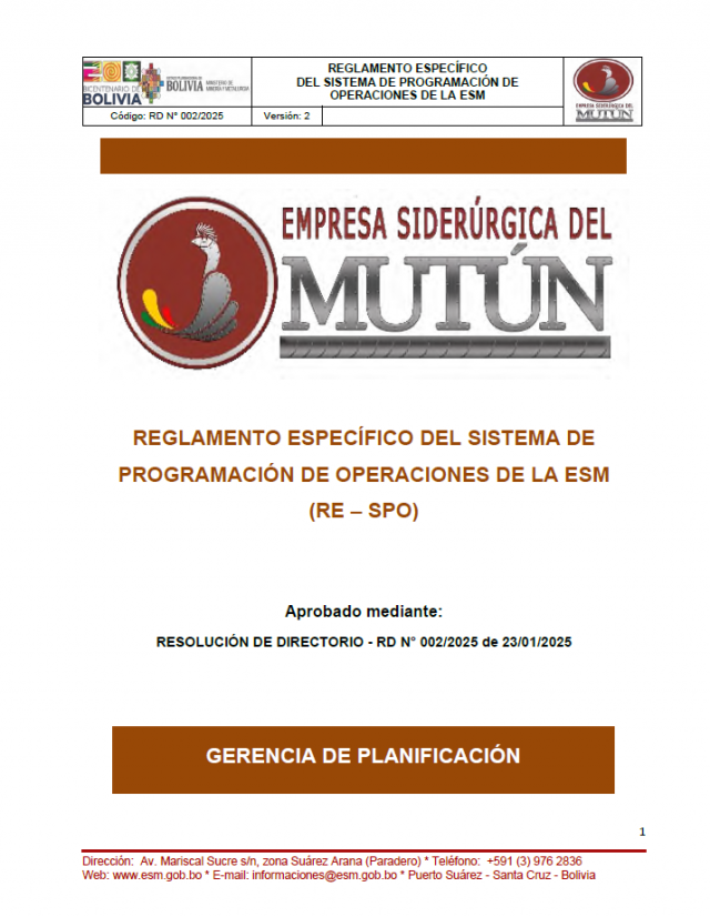 REGLAMENTO ESPECÍFICO DEL SISTEMA DE PROGRAMACIÓN DE OPERACIONES DE LA ESM (RE – SPO)  - Empresa Siderúrgica del Mutún