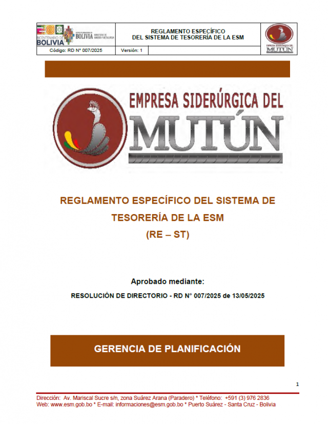 REGLAMENTO ESPECÍFICO DEL SISTEMA DE TESORERÍA DE LA ESM (RE – ST)  - Empresa Siderúrgica del Mutún