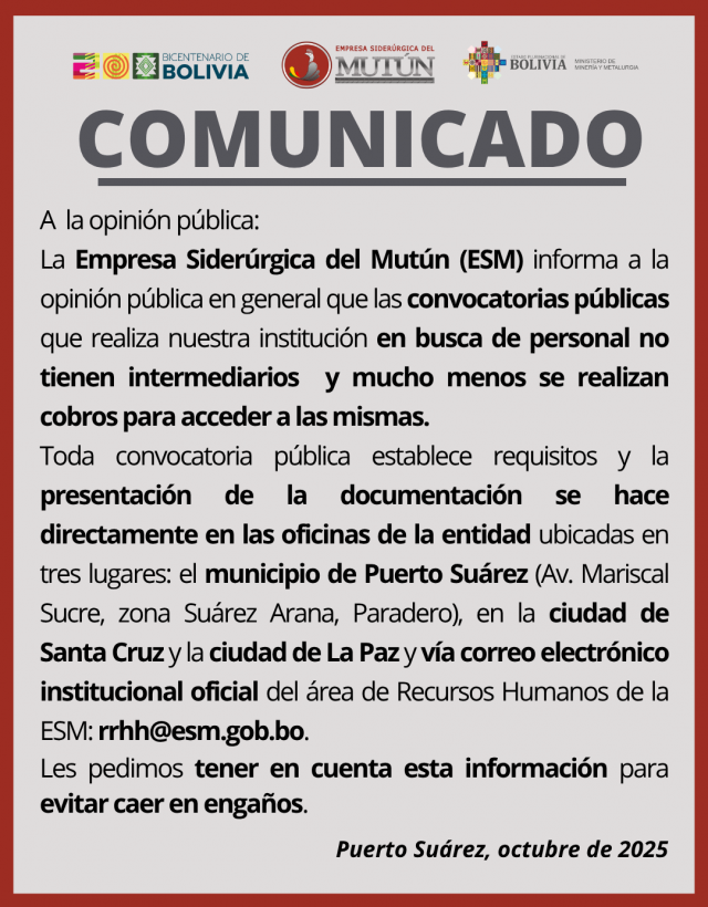 COMUNICADO A LA OPINIÓN PÚBLICA  - Empresa Siderúrgica del Mutún